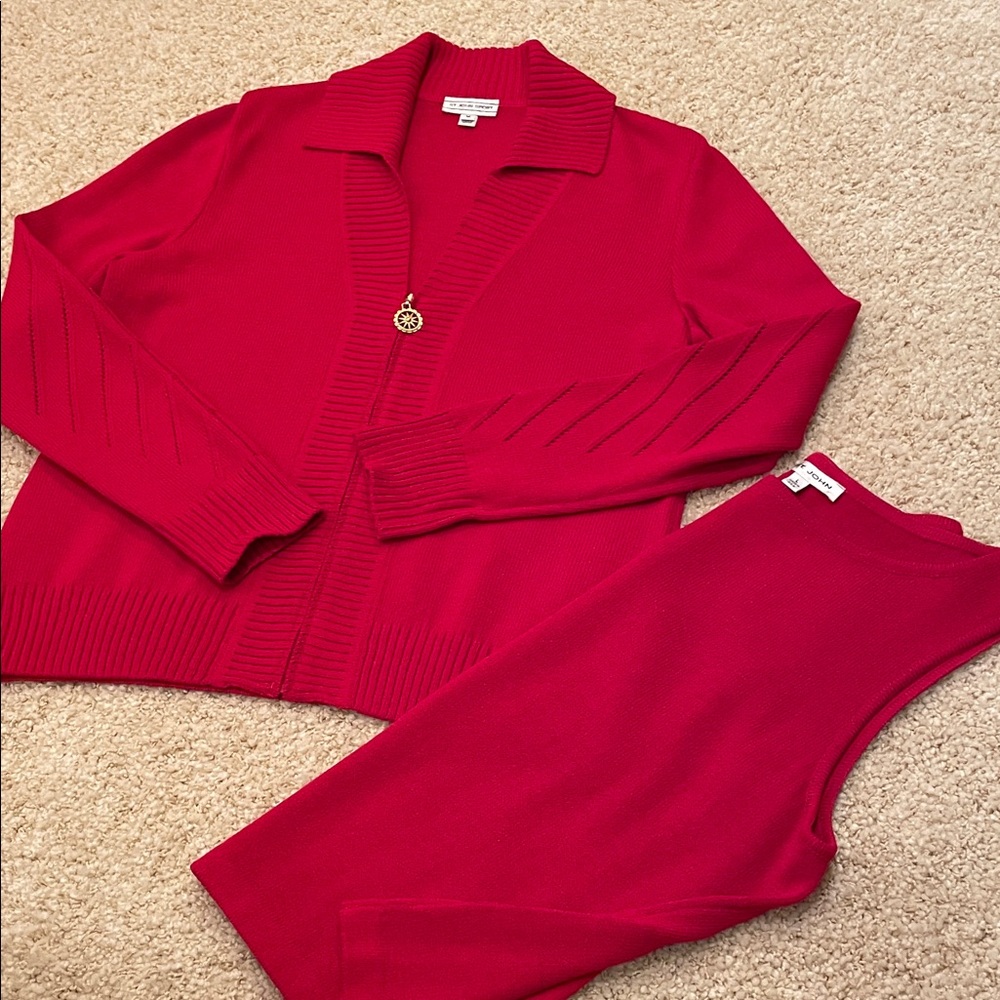 St. John Red Zip-Up Cardigan 2 piece Set